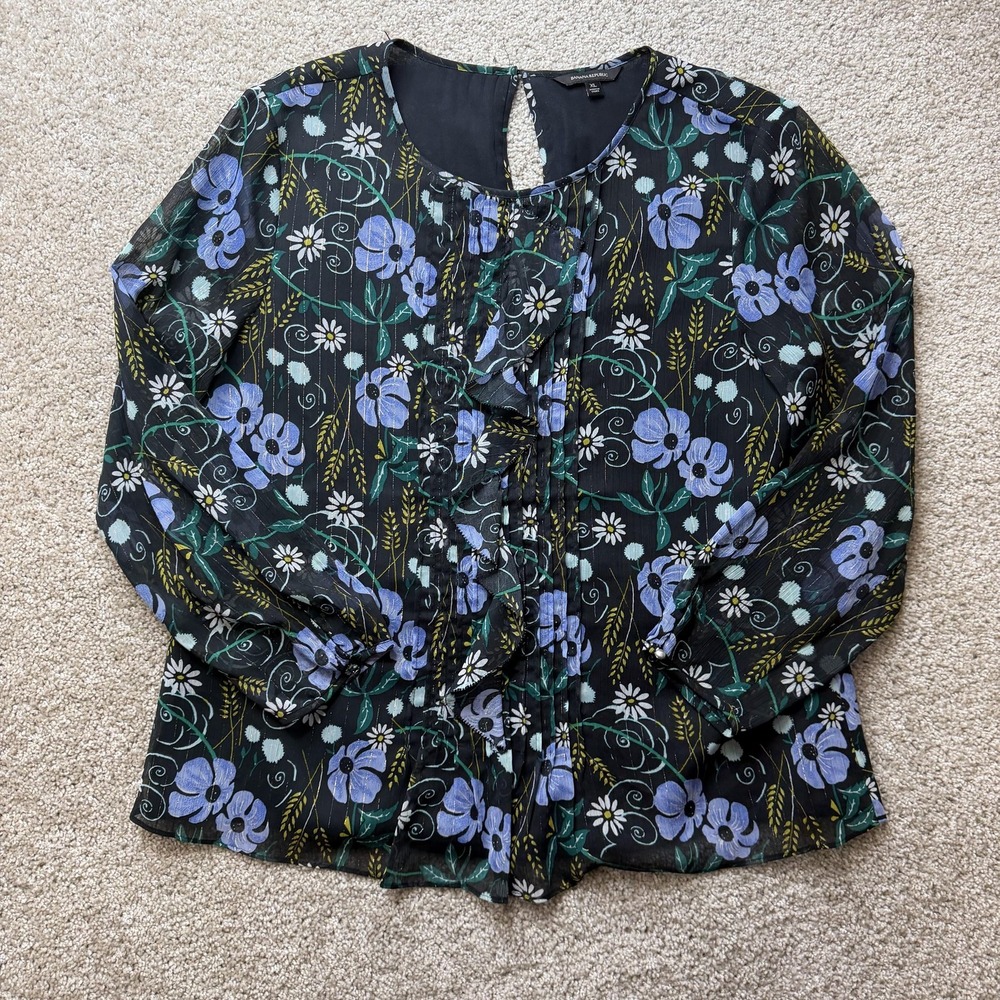 Banana Republic Blouse Womens XL Black Floral Ruffle Long Sleeve Chiffon Top